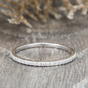 Dainty Diamond Wedding Band, Minimalist Diamond Band, Round Cut Half Eternity Gold Band, Moissanite Platinum Ring, Her Stacking Ring