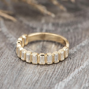 Emerald Cut Bezel Band in Solid Gold • Lab Diamond or Moissanite Eternity Ring • Modern Stacking Wedding Band