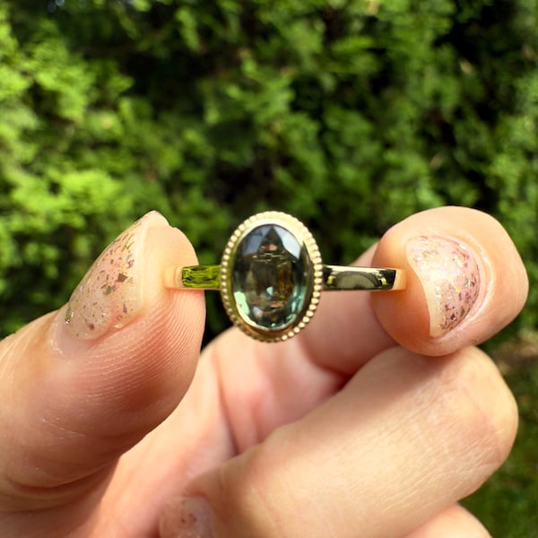 1.0 Ct Natural Oval Green Sapphire Bezel Ring, Solid Gold,  Milgrain Details, Fine Jewelry