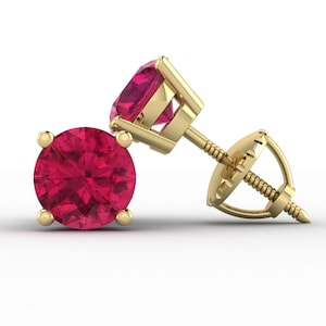 Ruby Stud Earrings, Round Ruby Earrings, Solitaire Earrings, Solid Gold
