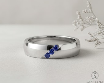4.5mm Blue Sapphire Men’s Channel Set Wedding Band in Gold or Platinum