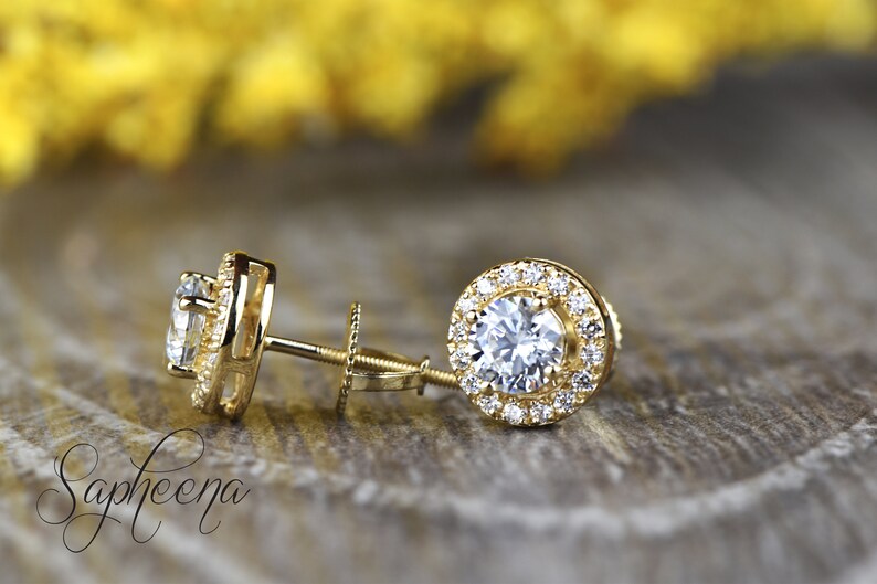 Brilliant Round Cut Halo Earring Screwback Studs in 14k Rose Gold Round Cut Screw Backs,Bridal Earrings Wedding Studs by Sapheena
