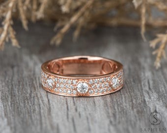 Statement Wedding Band, Unique Luxury Ring for Him or Her, 5mm Wide Band Ring with Sparkling Pave Stones, Lab-Grown Diamond Anniversary Ring