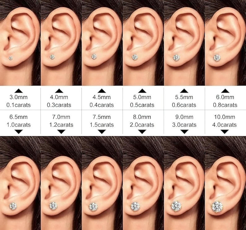 May include: A comparison chart of different sizes of diamond stud earrings. The chart shows the diameter of the earrings in millimeters and the carat weight. The earrings are shown on a model's ear.