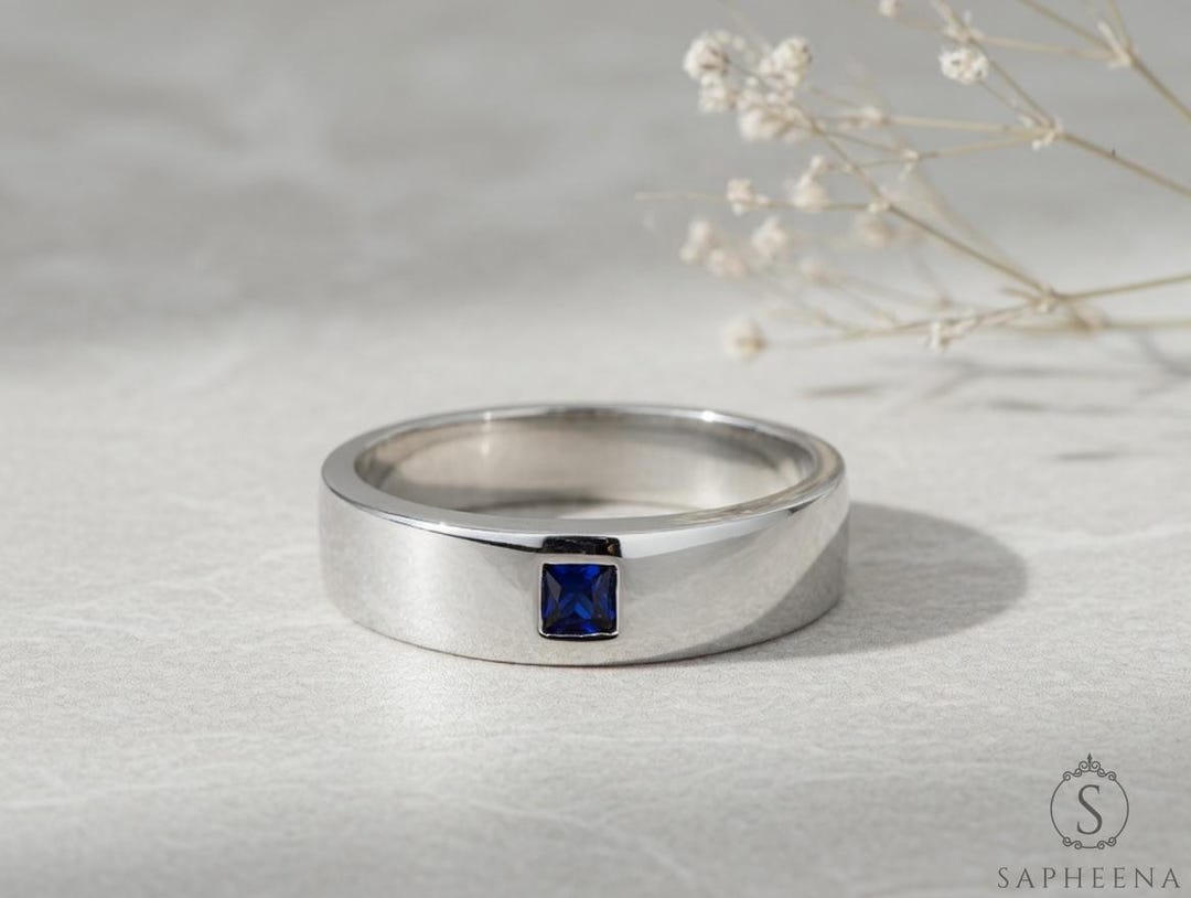 Modern Men's Princess Cut Blue Sapphire Wedding Band in Solid Gold