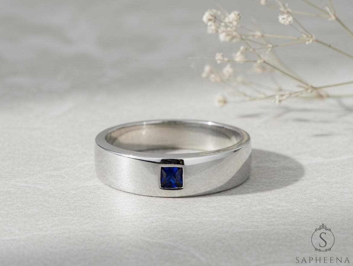 Modern Men's Princess Cut Blue Sapphire Wedding Band in Solid Gold