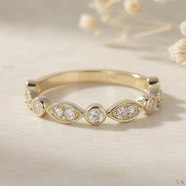 Scalloped Diamond or Moissanite Band • Dainty Bezel Wedding Ring • Solid Gold Platinum Stacking Band
