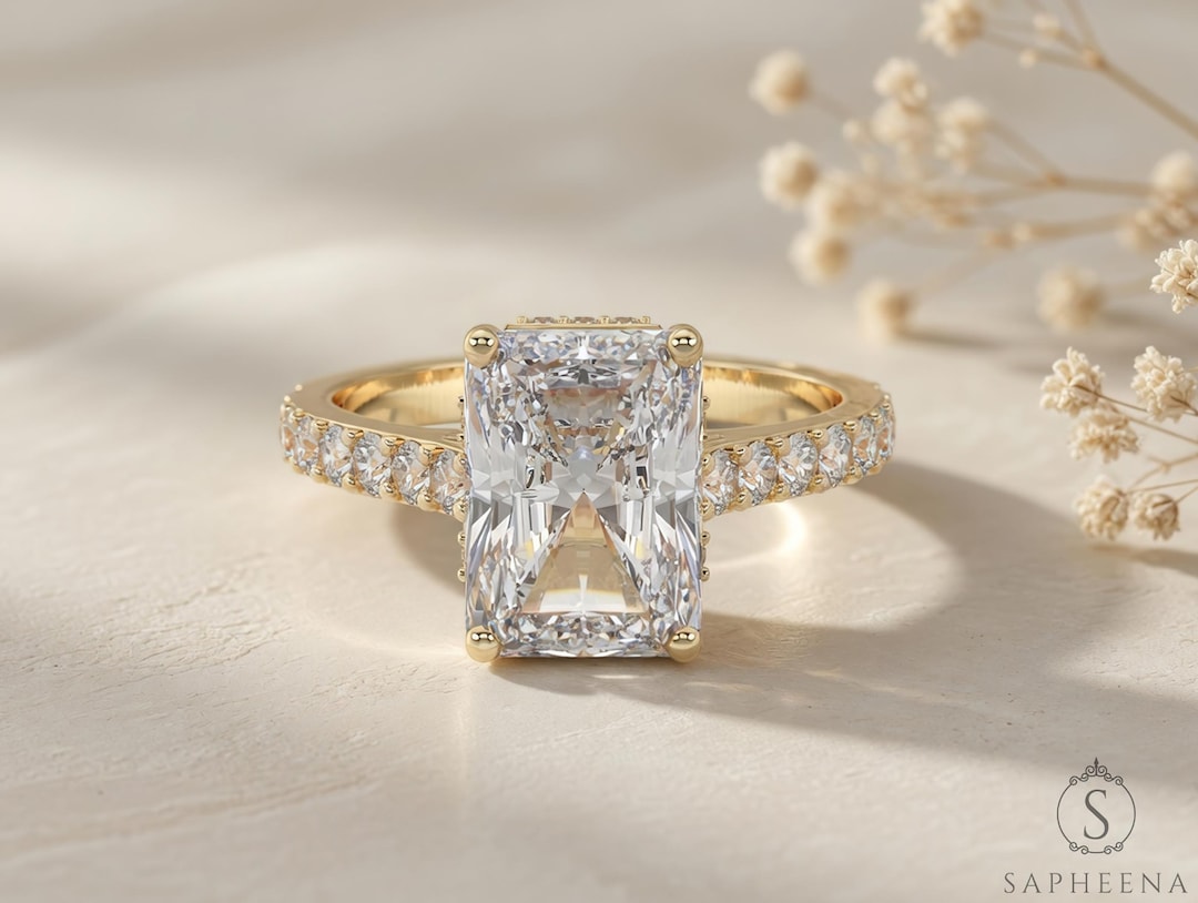 Radiant Cut Hidden Halo Lab Grown Diamond Engagement Ring, Solid Gold ...