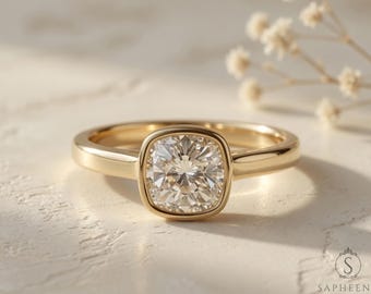 Cushion Cut Moissanite Bezel Engagement Ring • Solitaire Minimalist • Gold or Platinum