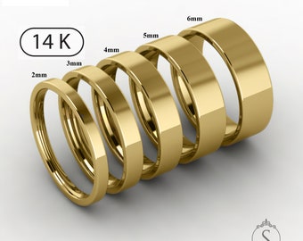 14k Yellow Gold Flat Band, Men's Women's Gold Wedding Band, Plain Polished Flat Gold Band, Solid Gold Band, Simple Gold Stacking Band