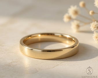 Flat Fit Wedding Band, 10k 14k 18k Solid  Gold Wedding Band, 3mm Wedding Band, Simple Wedding Band, Gold Plain Band by Sapheena