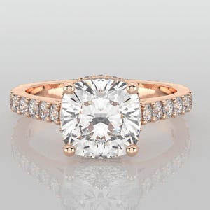 2.5 CT Cushion Cut Lab-Grown Diamond Engagement Ring, Hidden Halo Design, Pave Band Minimalist Bridal Jewelry, Gold Anniversary Gift for Her