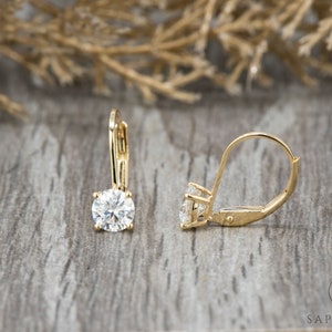14k Gold Lever Back Earrings with Round Cut Moissanite or Lab-Grown Diamond, Minimalist Dangle Earrings, Everyday Fine Jewelry