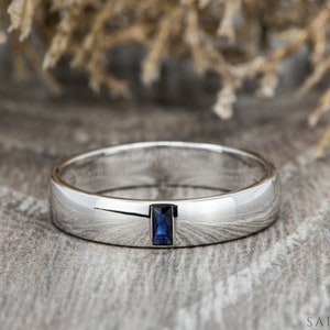 4.5mm Mens Blue Sapphire Wedding Band | Baguette Cut Blue Sapphire Band | Comfort Fit Mens Ring | Mens Baguette Cut Blue Sapphire Ring