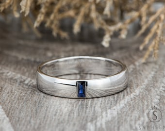 4.5mm Mens Blue Sapphire Wedding Band | Baguette Cut Blue Sapphire Band | Comfort Fit Mens Ring | Mens Baguette Cut Blue Sapphire Ring