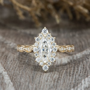 1.0 Ct Vintage Inspired Marquise Cut Lab Diamond Engagement Ring, Marquise Halo Moissanite Wedding Ring, Art Deco Scalloped Moissanite Gold