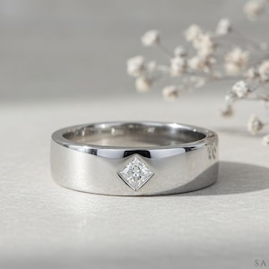 Mens Princess Cut Kite Wedding Band, Diamond or Moissanite Ring in Gold or Platinum