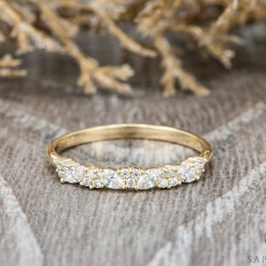 Marquise and Round Diamond/Moissanite Wedding Band, Vintage Half Eternity Wedding Band, Unique Solid Gold 14k Promise Band, Matching Band