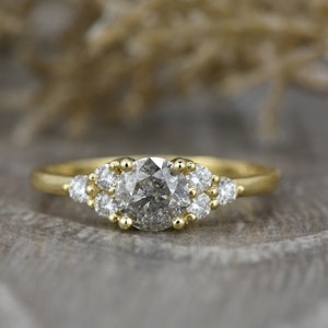Natural Salt and Pepper Round Diamond Cluster Gold Ring, Modern Bridal Engagement Ring Jewelry