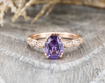 Vintage Oval Purple Sapphire Engagement Ring, Lab Sapphire Wedding Ring, Diamond Scalloped Rose Gold Band,Oval Sapphire Art Deco Bridal Ring