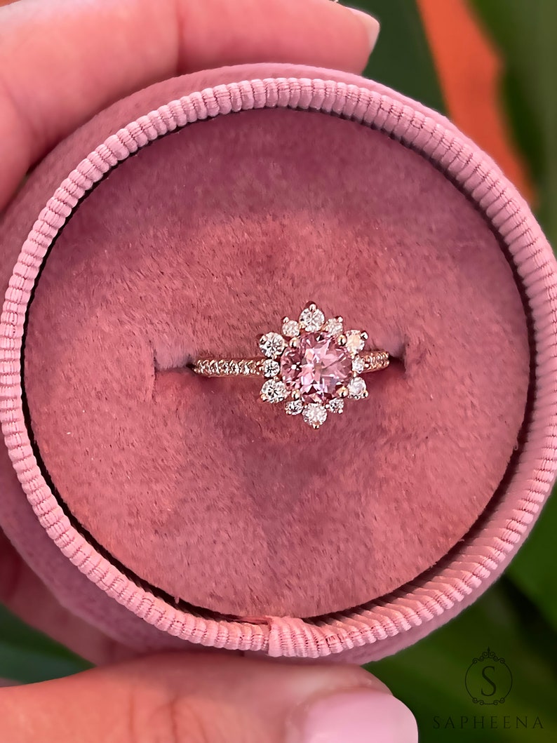 Peach Sapphire Engagement Ring, Sapphire Diamond Halo Ring, Unique Snowflake Rose Gold Ring, Anniversary Diamond Wedding Ring by Sapheena image 5