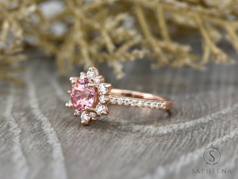 Peach Sapphire Engagement Ring, Sapphire Diamond Halo Ring, Unique Snowflake Rose Gold Ring, Anniversary Diamond Wedding Ring by Sapheena image 2