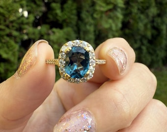 London Blue Topaz Ring, Cushion Halo Diamond Engagement Ring, Long Cushion Topaz Wedding Ring, November Birthstone Gold Bridal Ring,Gift Her