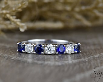 Sapphire Diamond Wedding Band, Seven Stone White and Blue Stacking Band, Sapphire/Moissanite/Diamond Gold Band, Birthstone Ring, Her Band