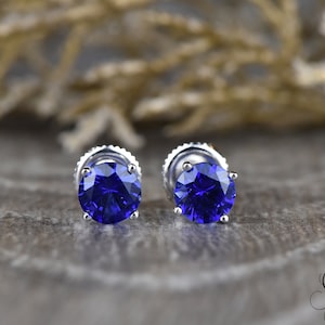 1.0 CT Blue Sapphire Earring Studs, Round Cut Sapphire Screw Back Basket, Solid Gold 14k Bridal Earring, Unique September Birthstone Earring