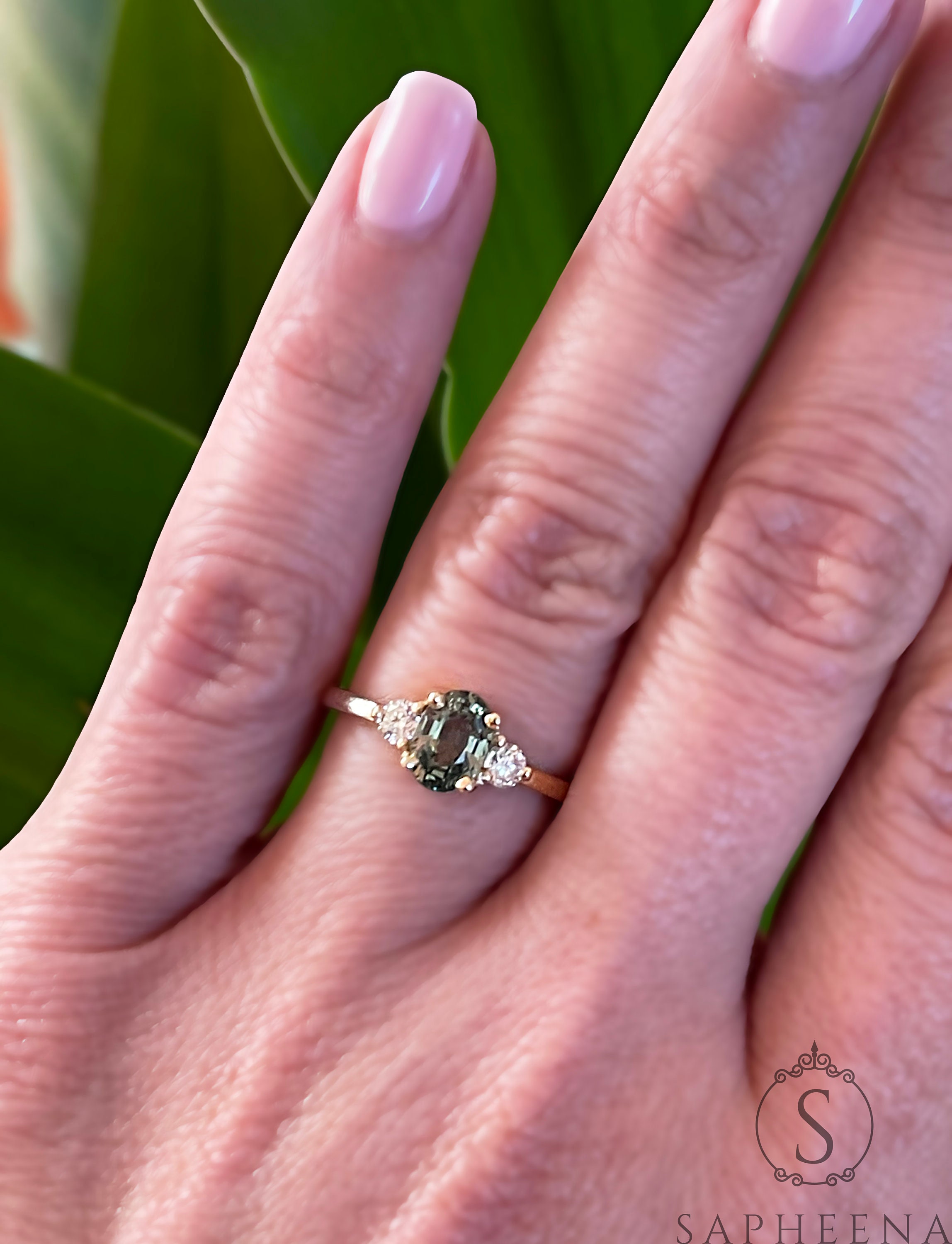 Emerald Cut Green Sapphire Three Stone Ring | Green Sapphire Rings NYC | Sapphire  Rings NYC