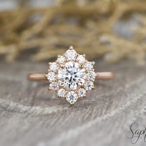 Halo Round Cut Moissanite Engagement Ring, Lab-Grown Diamond Halo Wedding Ring, Solid Gold Art Deco Ring, Vintage Moissanite Bridal Ring