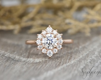 Halo Round Cut Moissanite Engagement Ring, Lab-Grown Diamond Halo Wedding Ring, Solid Gold Art Deco Ring, Vintage Moissanite Bridal Ring