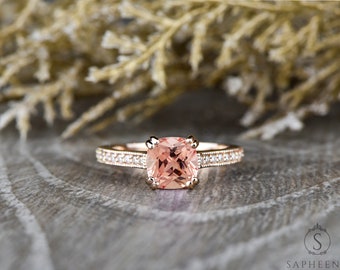 Cushion Cut Chatham Champagne Peach Sapphire Engagement Ring, Milgrain Half Eternity Diamond Wedding Ring, Birthstone Bridal Ring