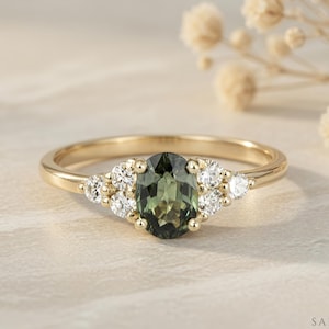 Natural Green Sapphire Engagement Ring, Oval Cut Sapphire Cluster Wedding, Diamond Cluster Promise Ring, Green Sapphire Anniversary Ring