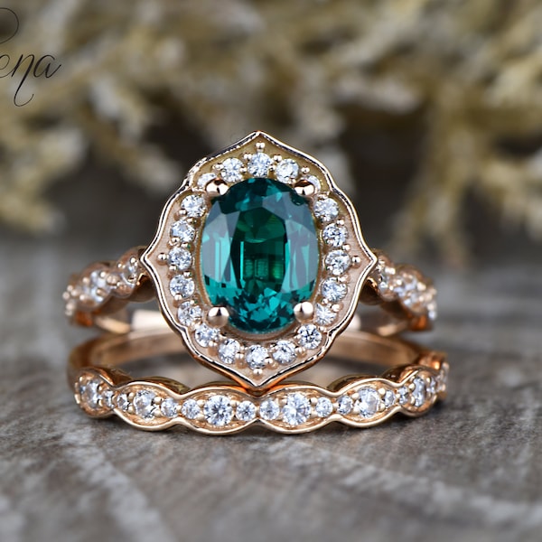 Art Deco Oval Cut Chatham Green Emerald Bridal Set, Moissanite Halo Floral Wedding Ring, Vintage Solid Gold Wedding Set, May Birthstone