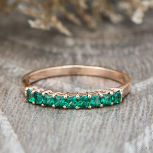 Half Eternity Princess Cut Green Emerald Wedding Band in 14k Yellow Gold,Green Emerald Stacking Band,May Birthstone Bridal Band by Sapheena image 1