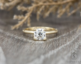 Cushion Cut Moissanite Ring, Solitaire Engagement Ring, Solid Gold or Platinum Ring