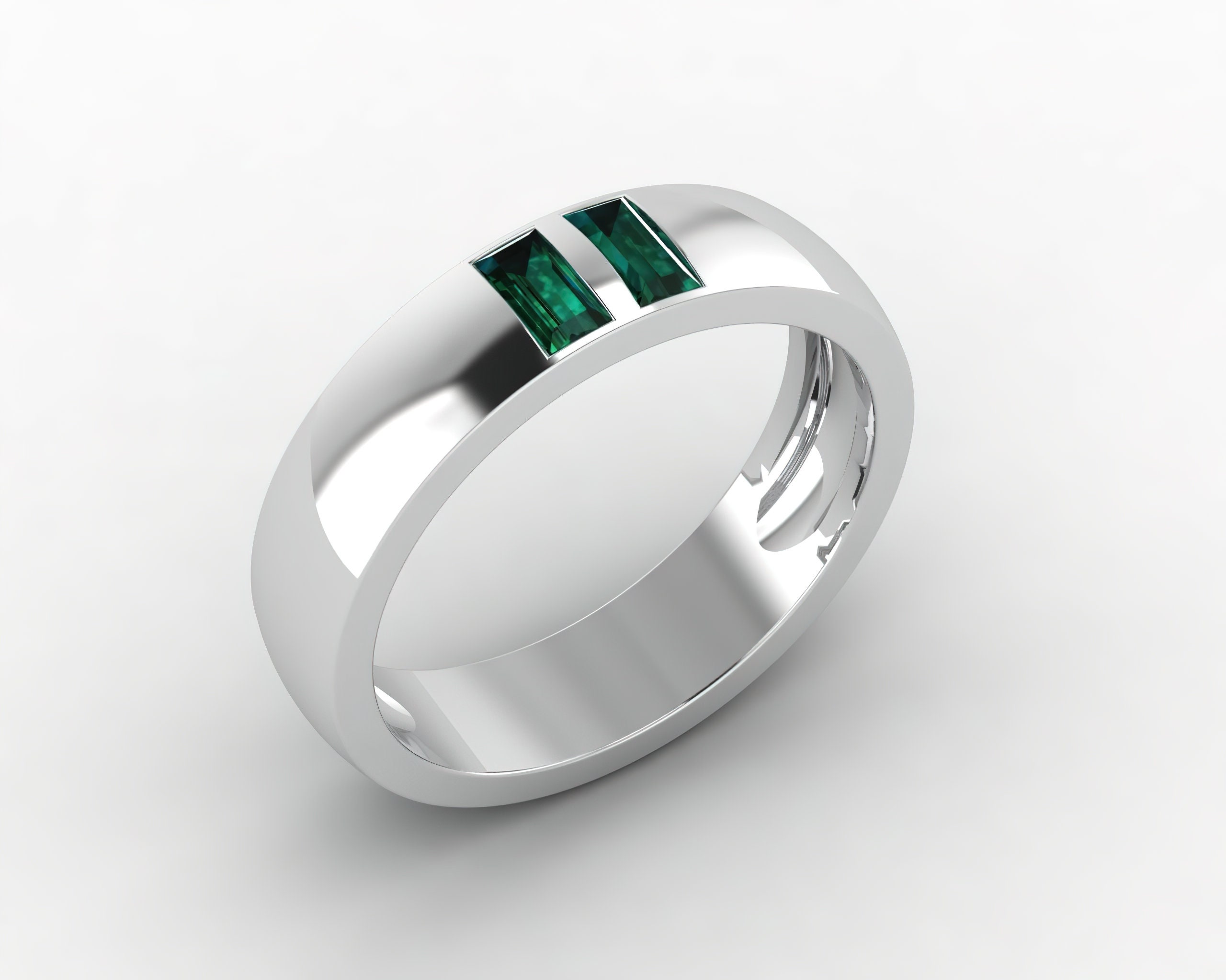 4.5mm Mens Green Emerald Wedding Band, Two Baguette Cut