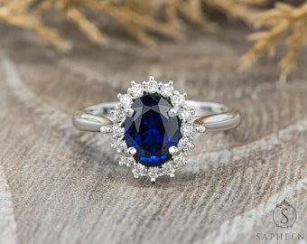 Oval Cut Chatham Blue Sapphire Engagement Ring, Vintage Oval Cut Halo Wedding Ring, Solid Gold Cocktail Ring, Princess Diana Inspired Ring