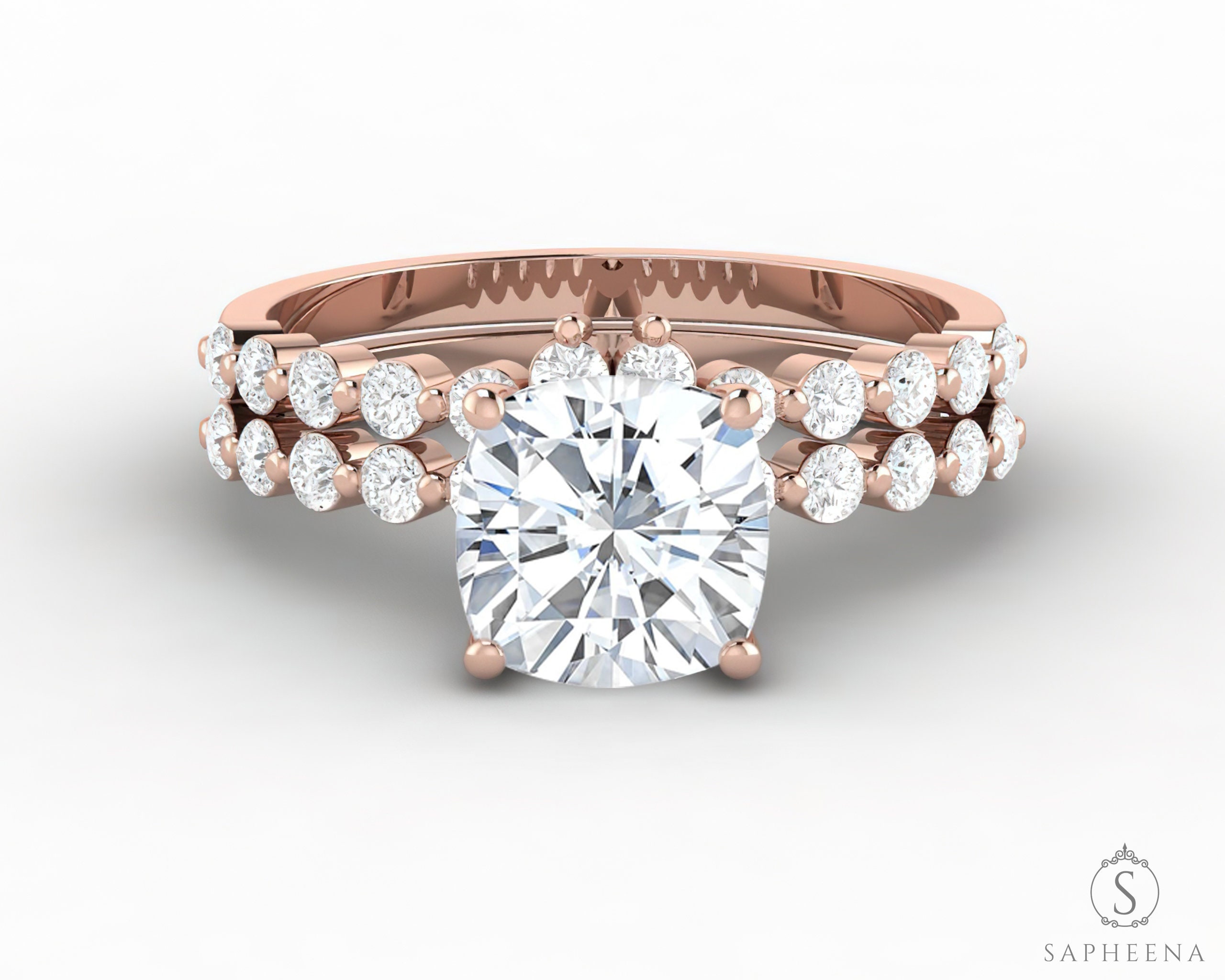 Cushion Moissanite Bridal Ring Set | Unique Cushion/Round Cut Moissanite Rings | Moissanite Engagement Ring | Wedding Gold Band Set