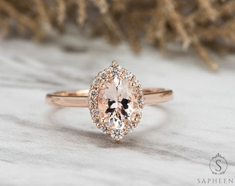 Oval Morganite Engagement Ring, Halo Morganite Wedding Ring, Gold 14k/18k Peach Morganite Wedding Ring, Rose Gold Wedding Ring by Sapheena