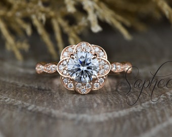 Round Cut Grey Moissanite Engagement Ring, Vintage Floral Moissanite Ring, Scalloped Vintage Diamond Wedding Ring, Gold 14k/18k Bridal Ring