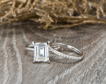 3.5CT Emerald Cut Moissanite Bridal Ring Set, Moissanite Emerald Cut Engagement Ring, Half Eternity Gold Wedding Band, Classic Rings