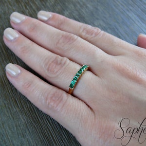 Half Eternity Princess Cut Green Emerald Wedding Band in 14k Yellow Gold,Green Emerald Stacking Band,May Birthstone Bridal Band by Sapheena image 6