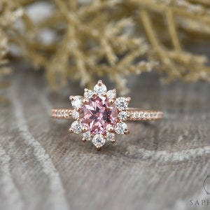 Peach Sapphire Engagement Ring, Sapphire Diamond Halo Ring, Unique Snowflake Rose Gold Ring, Anniversary Diamond Wedding Ring by Sapheena image 6