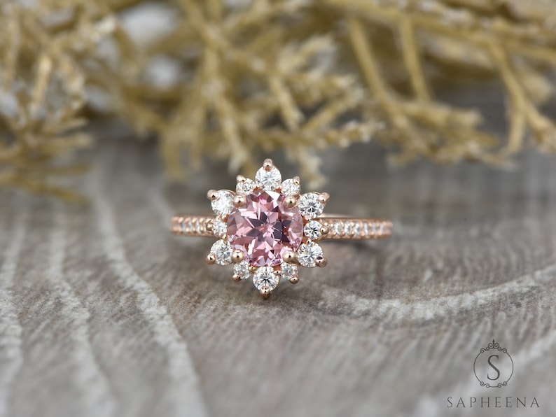 Peach Sapphire Engagement Ring, Sapphire Diamond Halo Ring, Unique Snowflake Rose Gold Ring, Anniversary Diamond Wedding Ring by Sapheena image 6