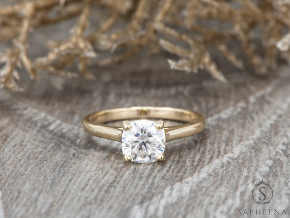 Cushion Cut Moissanite Solitaire Ring in Solid Gold or Platinum, Classic Engagement Jewelry