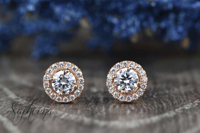 Brilliant Round Cut Halo Earring Screwback Studs in 14k Rose Gold Round Cut Screw Backs,Bridal Earrings Wedding Studs by Sapheena