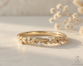 Nature Inspired Wedding Band in Solid Gold or Platinum, Diamond Leaf Ring,