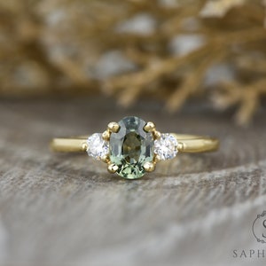 Green Sapphire Ring, Three Stone Sapphire Engagement Ring, Oval Yellow Gold Ring, Diamond Gold Ring, Triple Stone Sapphire Ring by Sapheena